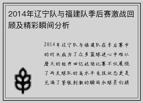 2014年辽宁队与福建队季后赛激战回顾及精彩瞬间分析