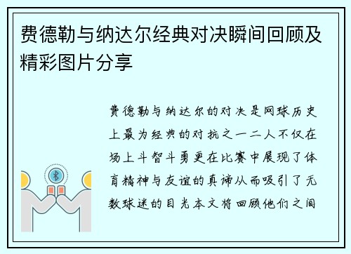 费德勒与纳达尔经典对决瞬间回顾及精彩图片分享